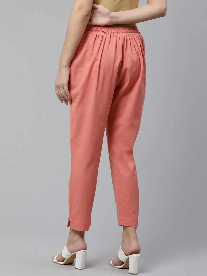 Peach Solid Cotton Trousers - Libas