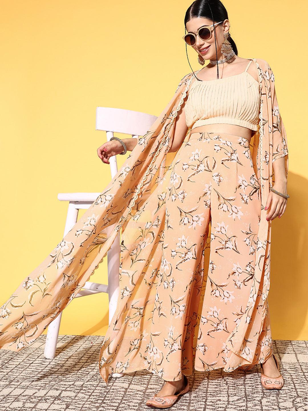 Peach Solid Georgette Co-Ords - Libas