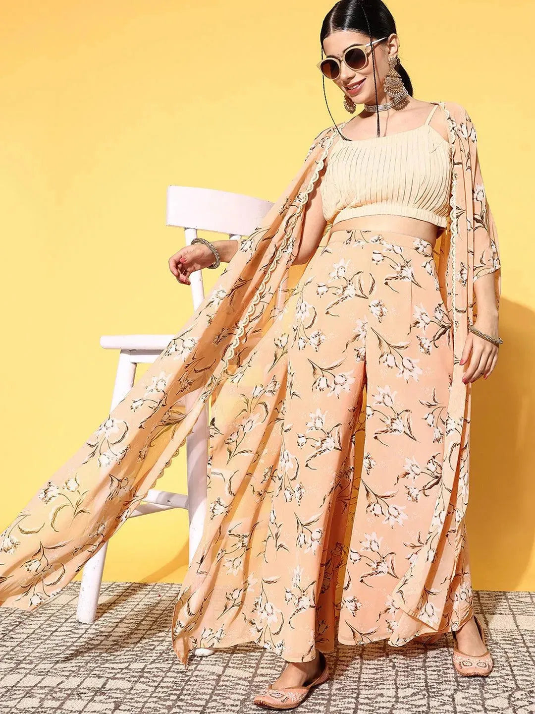 Peach Solid Georgette Top With Palazzos & Shrug