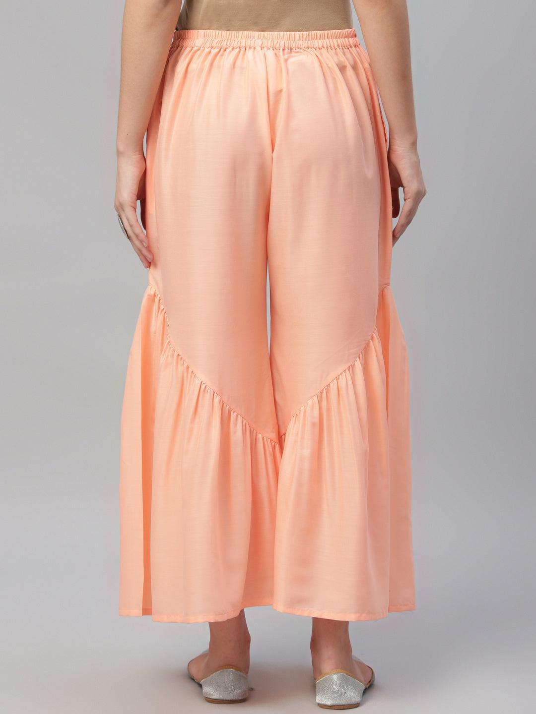 Peach Solid Polyester Sharara Pants - Libas