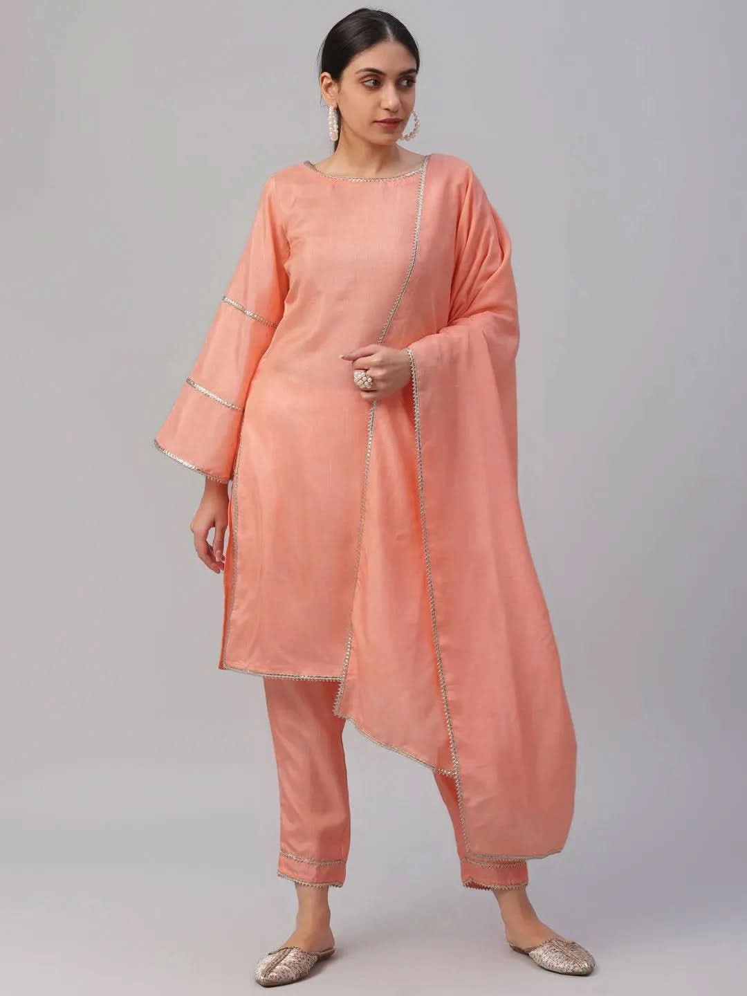 

Buy Peach Solid Polyester Suit Set - 6883- | Libas Ethnic Wear Online