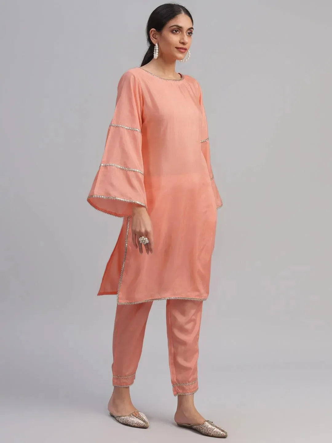 Peach Solid Polyester Suit Set - Libas