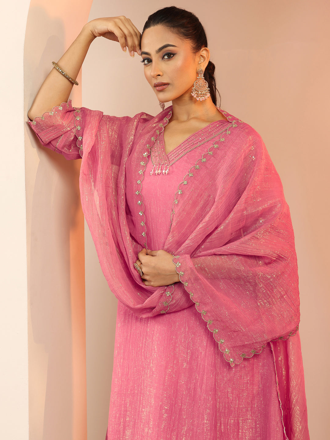Peach Solid Silk blend A-Line Suit Set With Dupatta