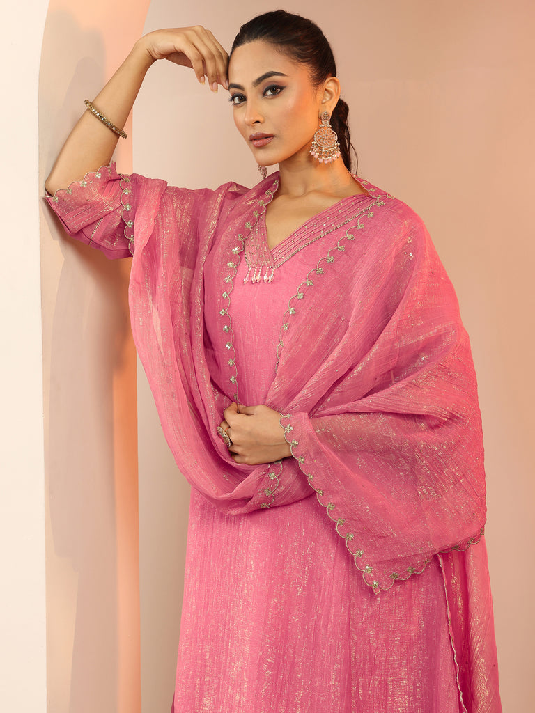 Libas Peach Solid Silk blend A-Line Suit Set With Dupatta
