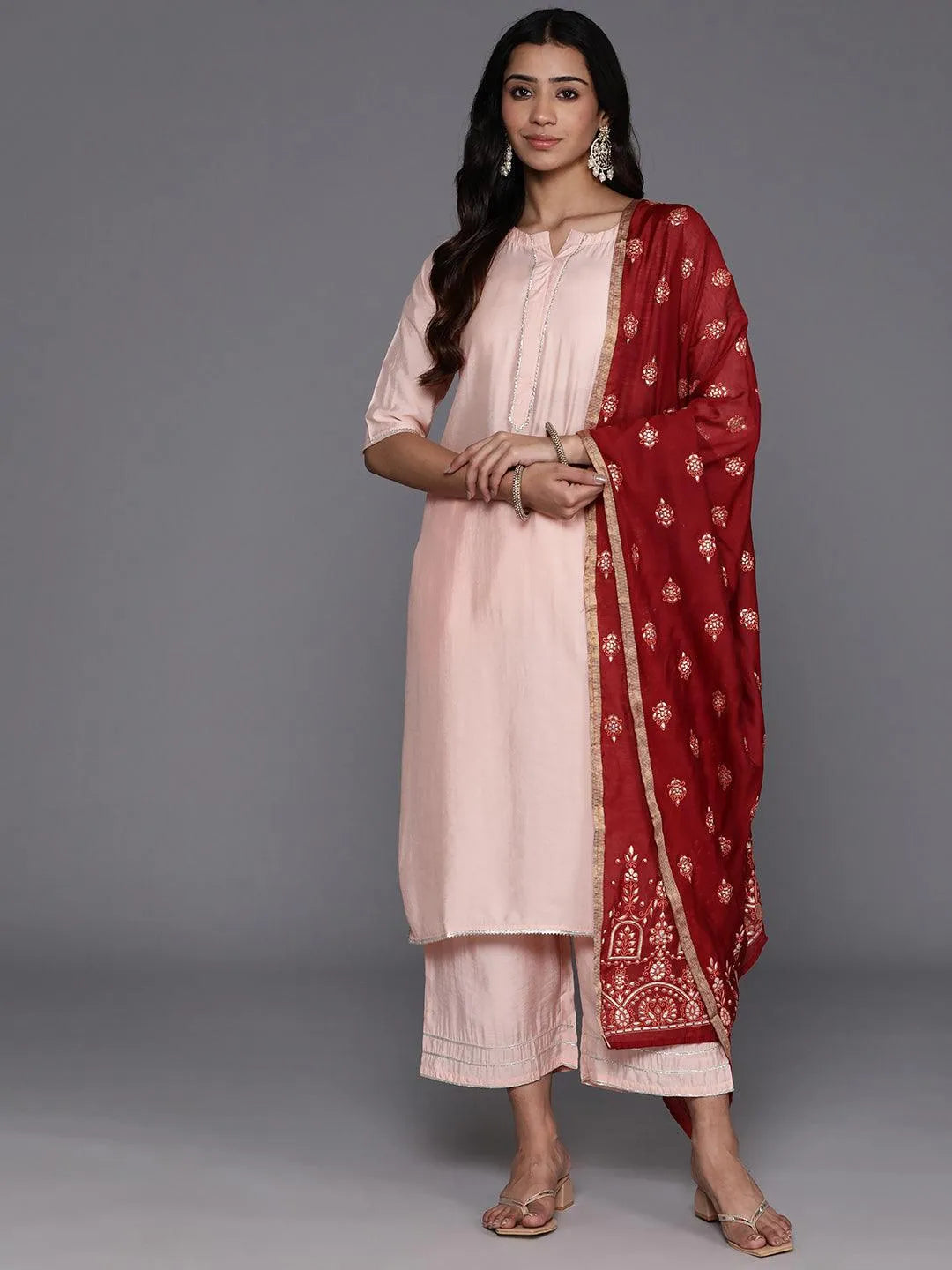 Peach Solid Silk Blend Straight Kurta With Palazzos & Dupatta - Libas