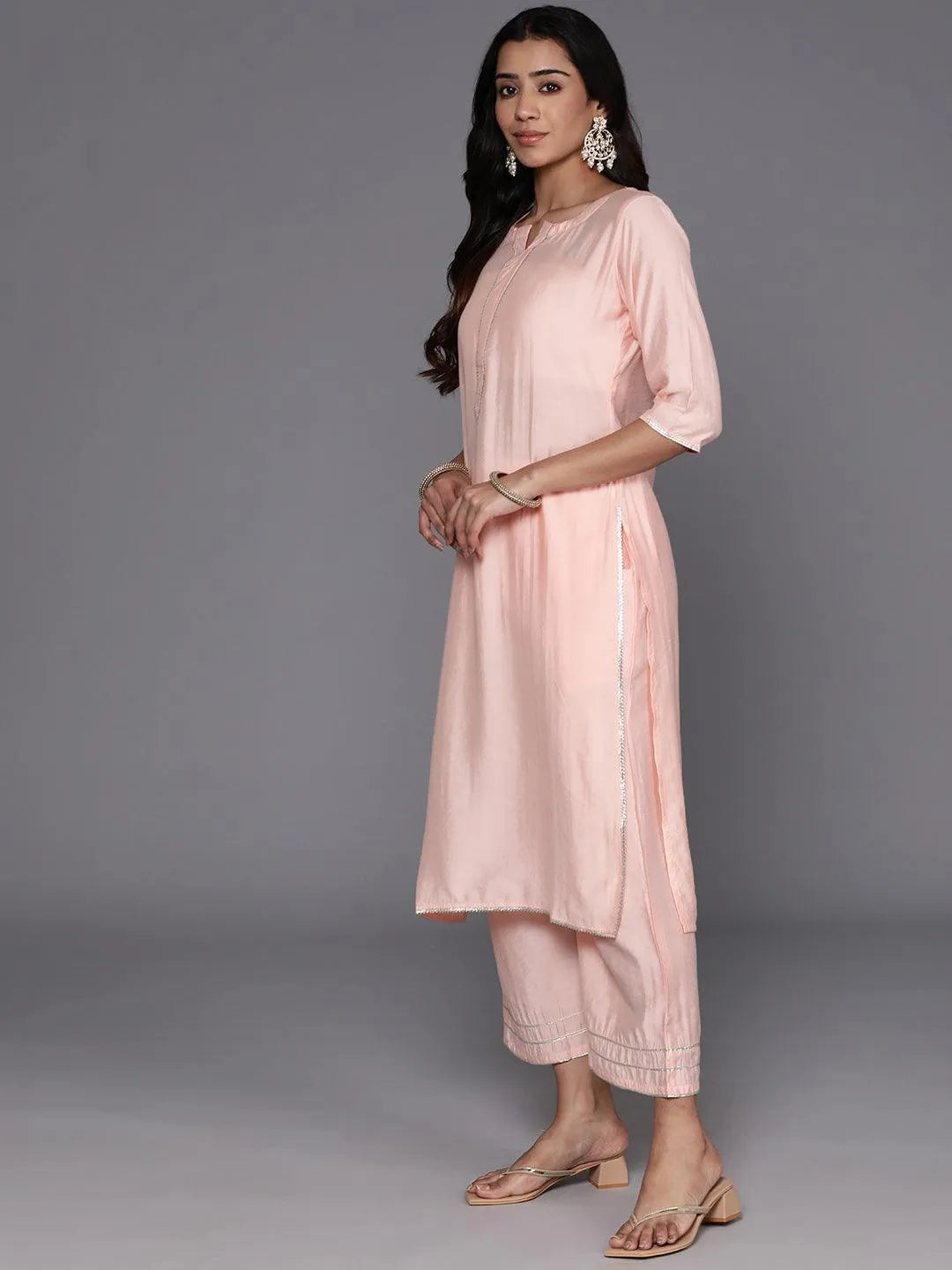Peach Solid Silk Blend Straight Kurta With Palazzos & Dupatta - Libas 