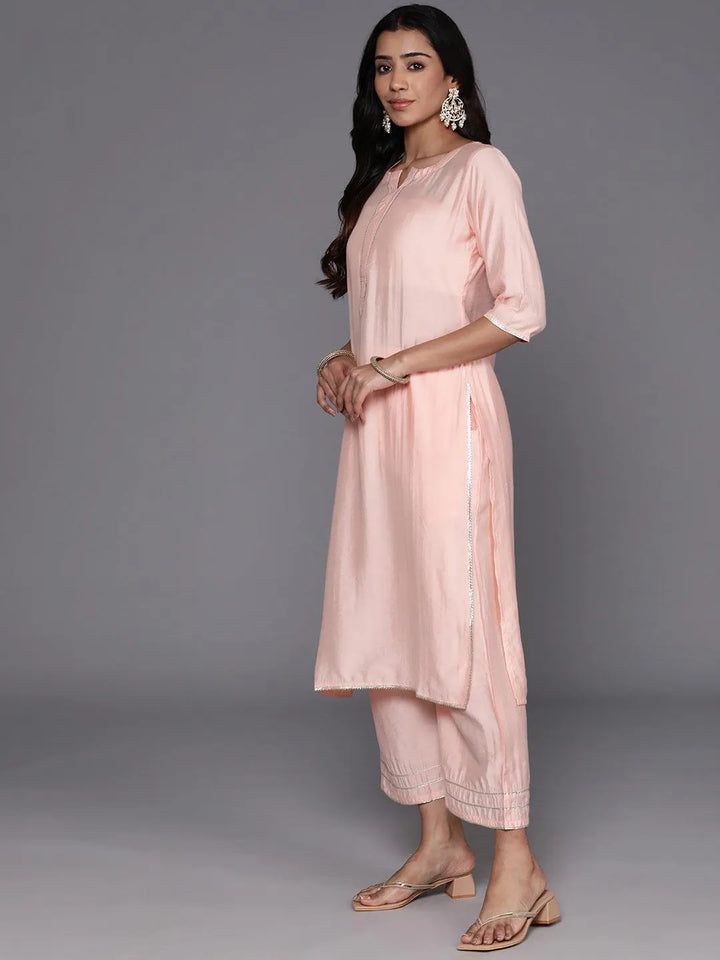 Peach Solid Silk Blend Straight Kurta With Palazzos & Dupatta - Libas