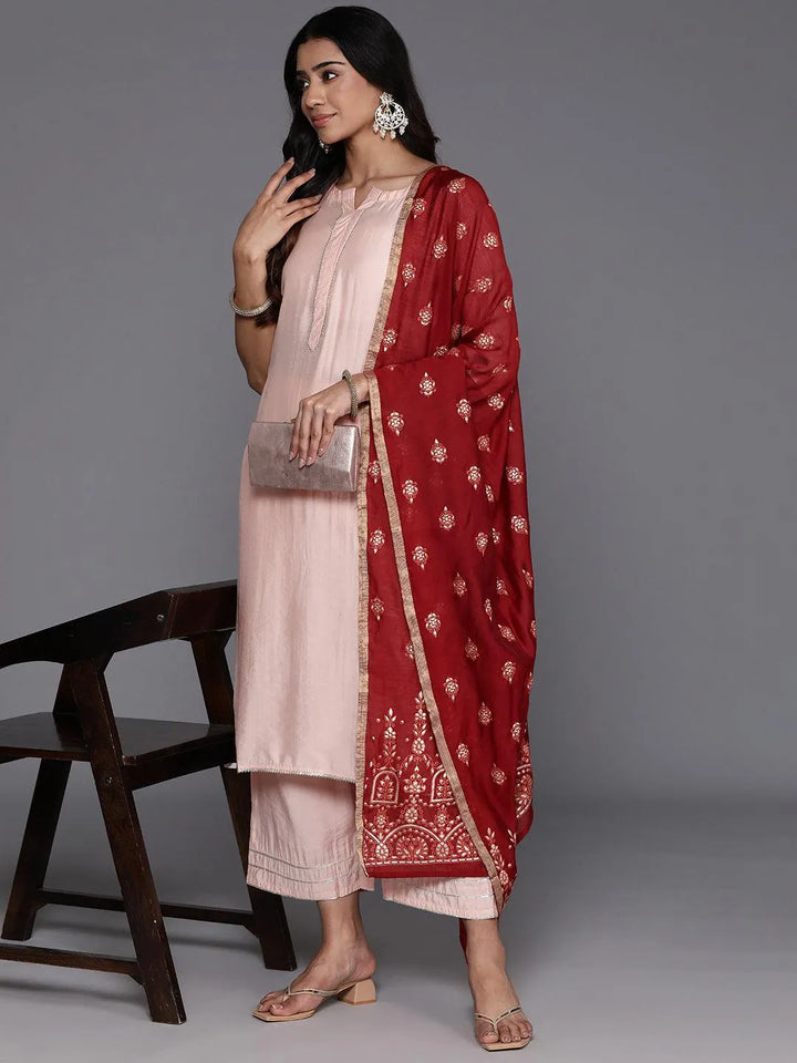 Peach Solid Silk Blend Straight Kurta With Palazzos & Dupatta - Libas