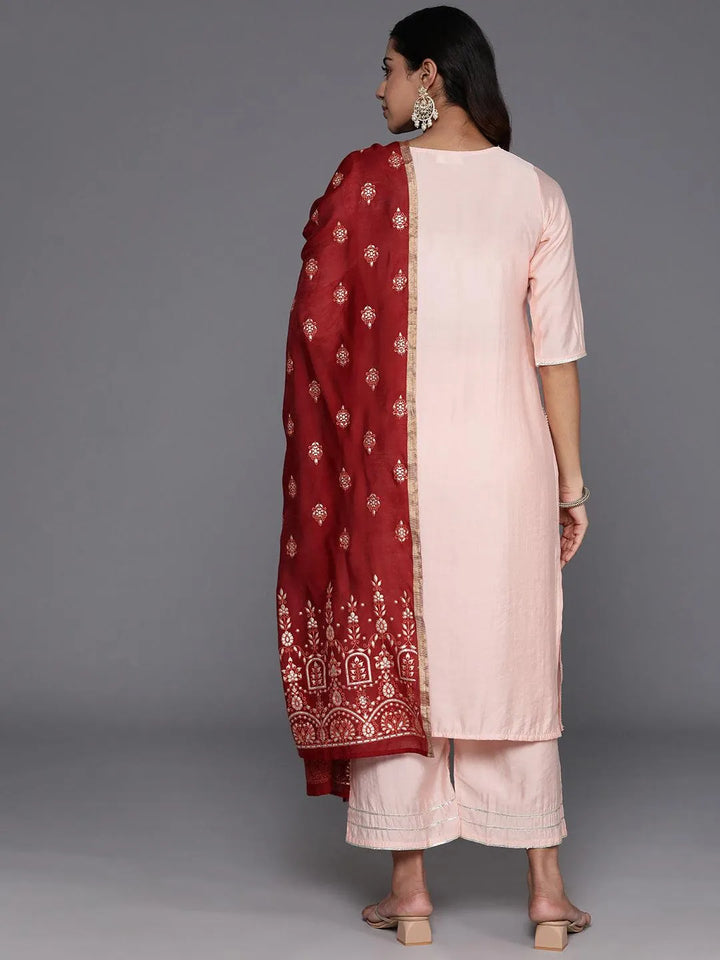 Peach Solid Silk Blend Straight Kurta With Palazzos & Dupatta - Libas
