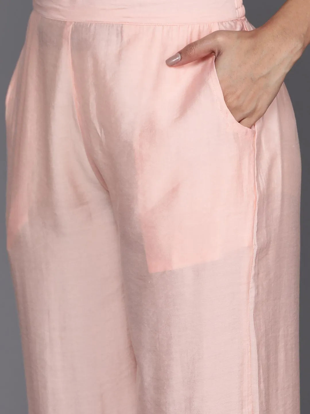 Peach Solid Silk Blend Straight Kurta With Palazzos & Dupatta - Libas 