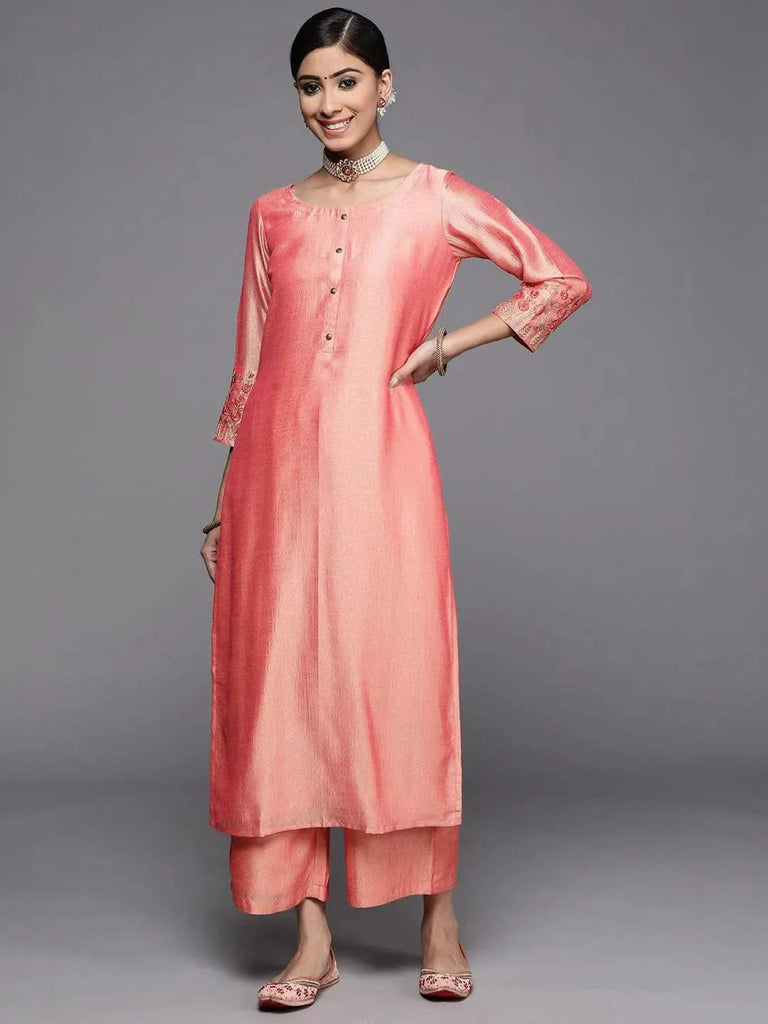 Libas Peach Solid Silk Kurta