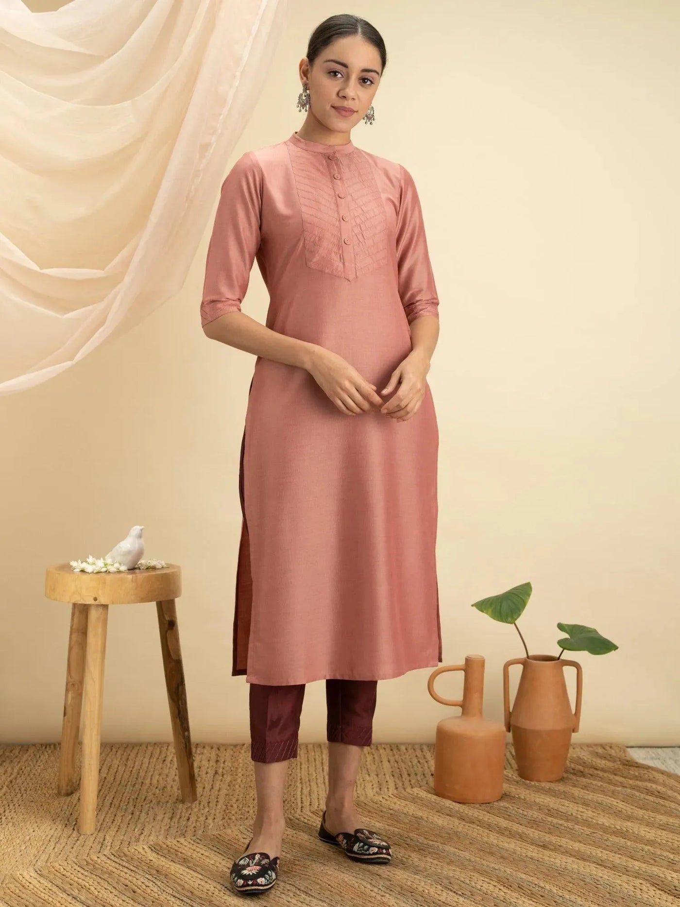 Peach Solid Silk Kurta - Libas