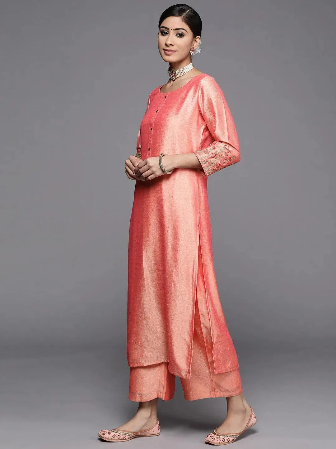 Peach Solid Silk Kurta - Libas 