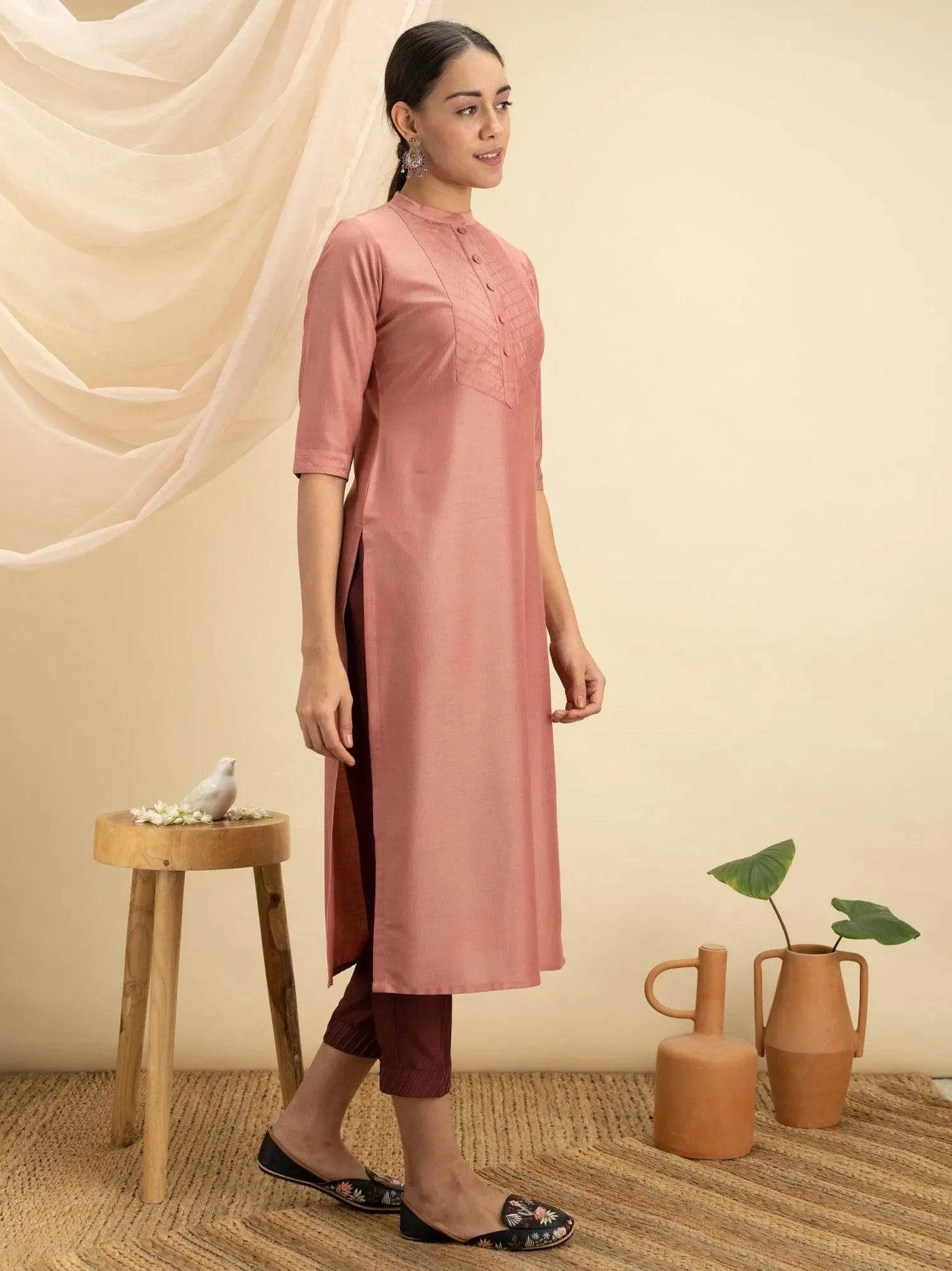 Peach Solid Silk Kurta - Libas