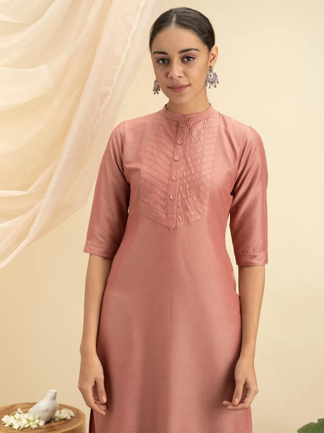 Peach Solid Silk Kurta - Libas 
