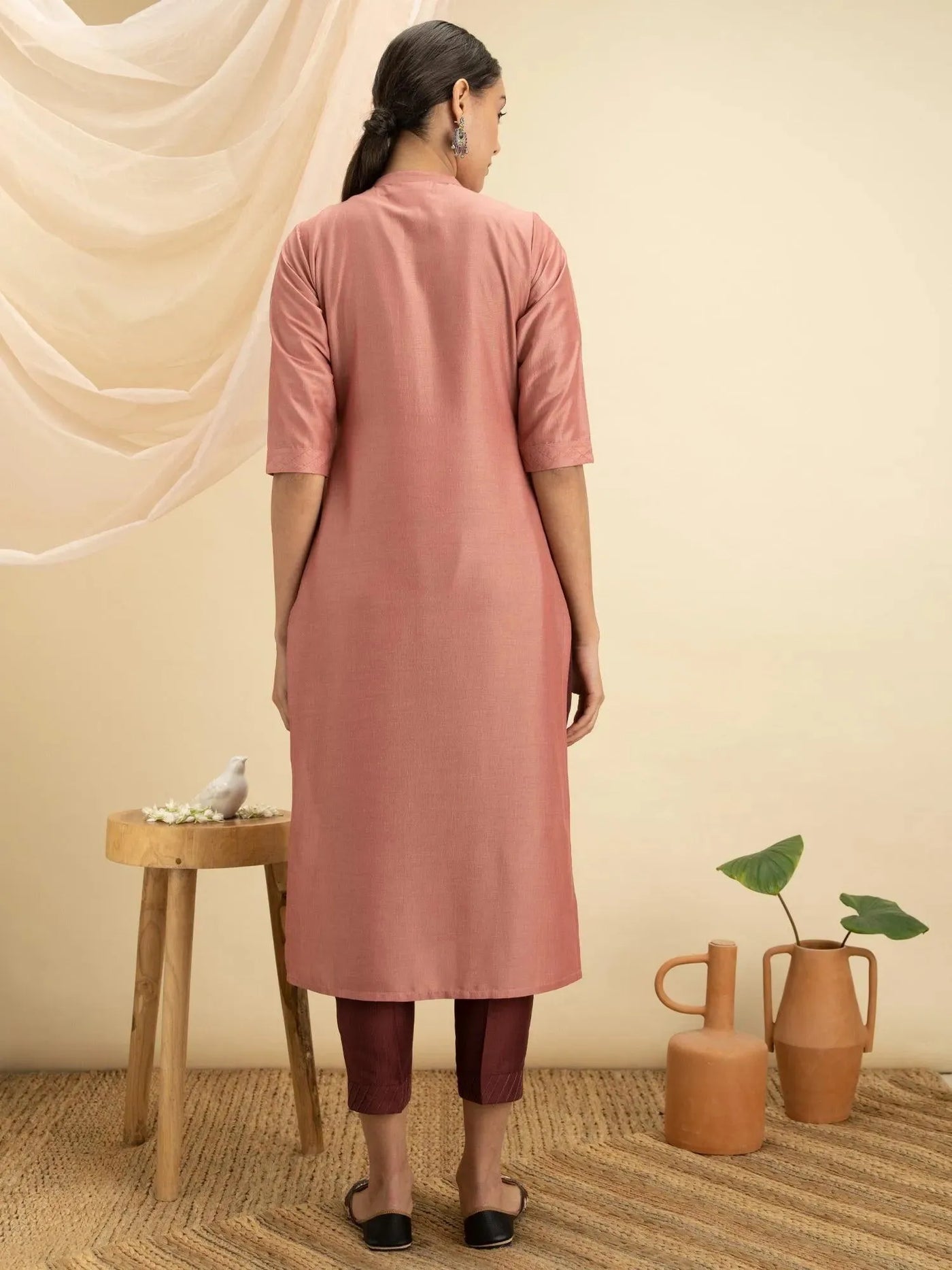 Peach Solid Silk Kurta - Libas