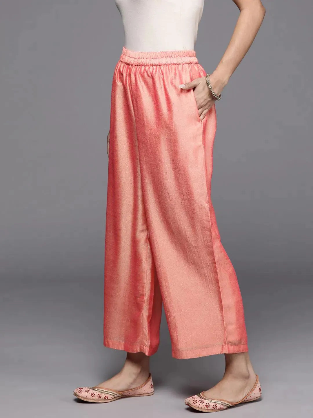 Peach Solid Silk Palazzos - Libas