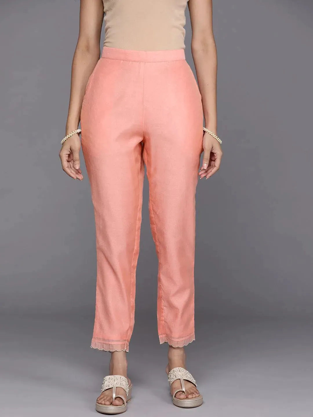 Peach Solid Silk Trousers - Libas