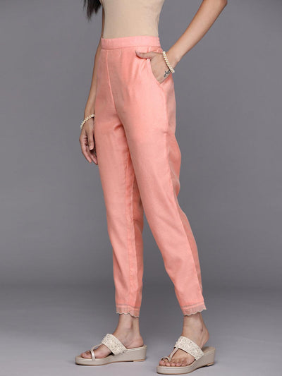 Peach Solid Silk Trousers - Libas