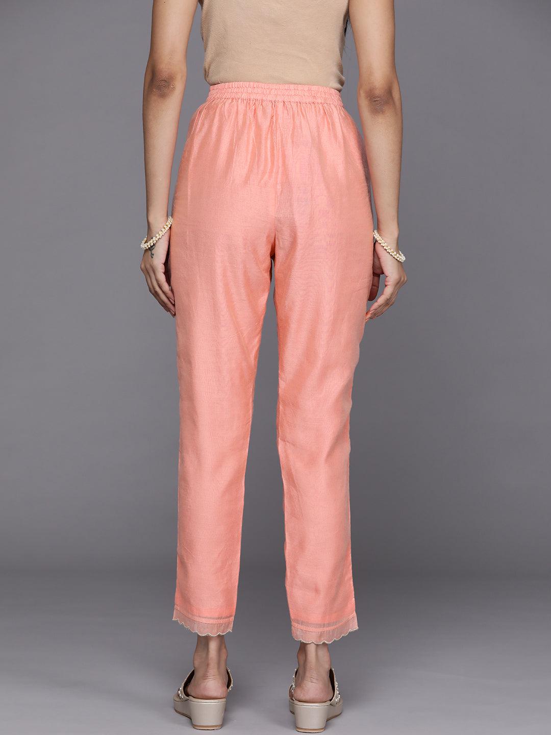 Peach Solid Silk Trousers - Libas