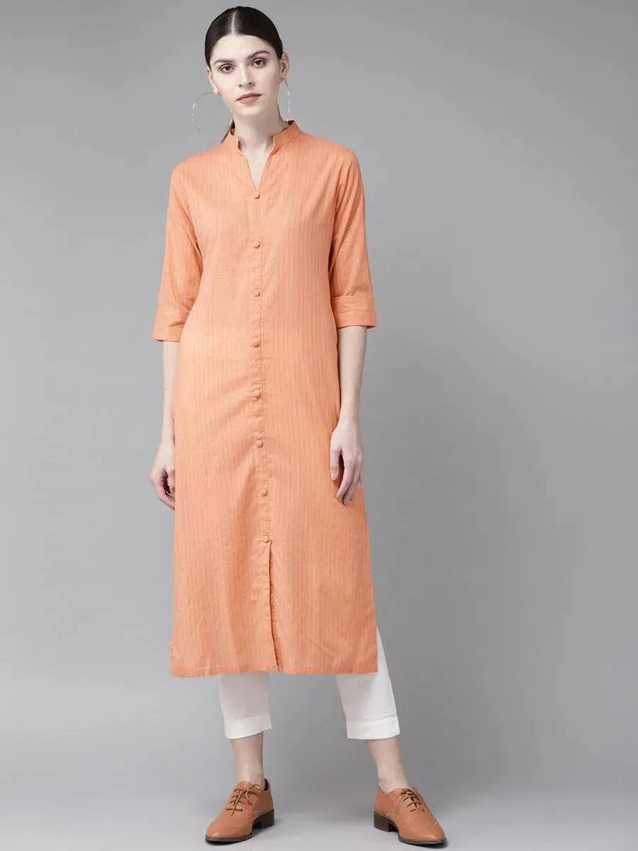 Peach Striped Cotton Kurta - Libas