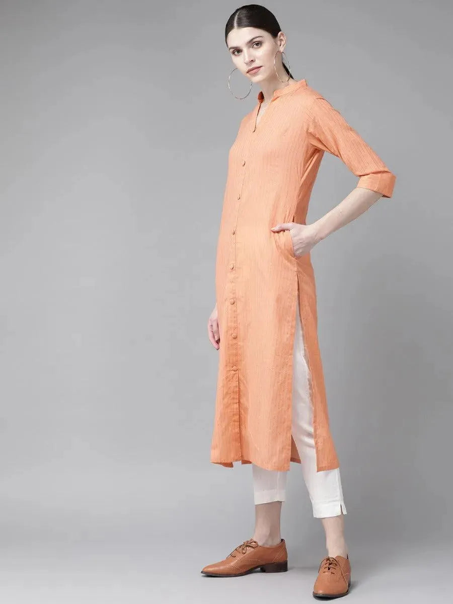 Peach Striped Cotton Kurta - Libas