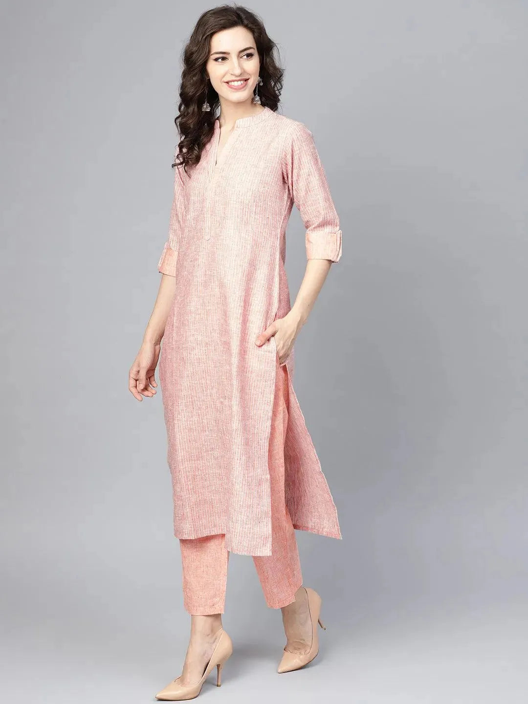 Peach Striped Cotton Kurta Set - Libas 