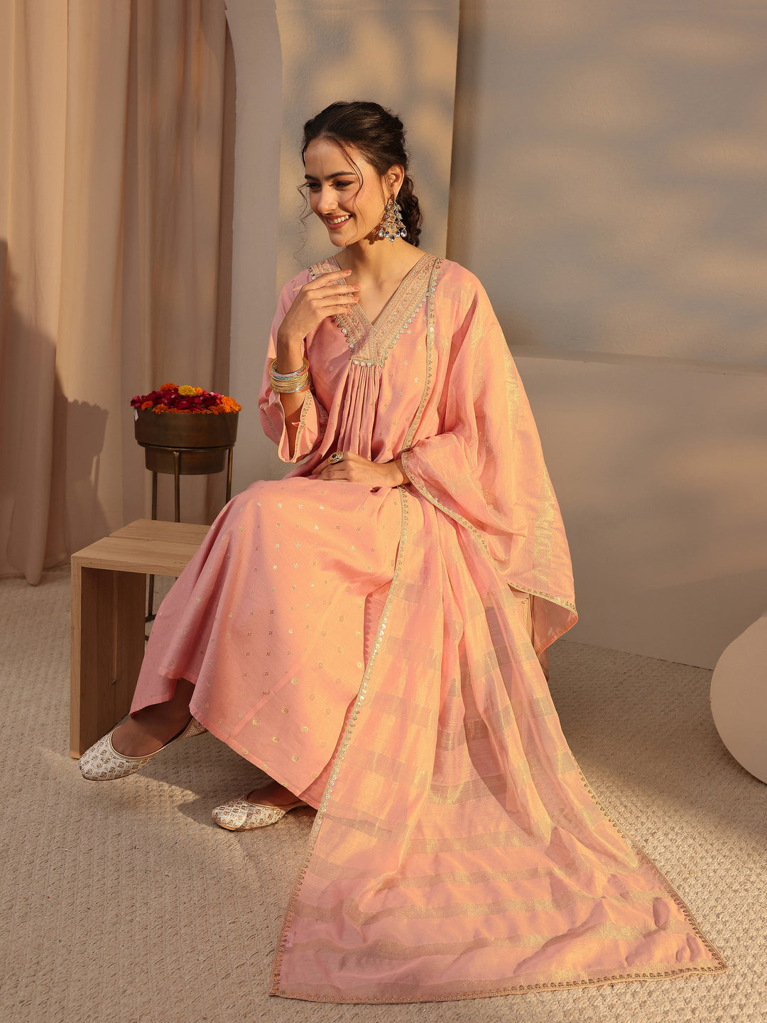  Peach Woven Design Chanderi Silk A-Line Suit Set With Dupatta 
