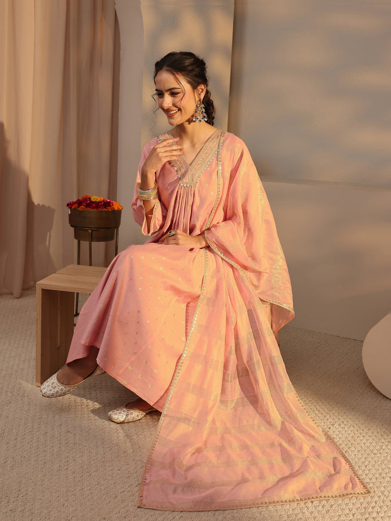 Libas Peach Woven Design Chanderi Silk A-Line Suit Set With Dupatta