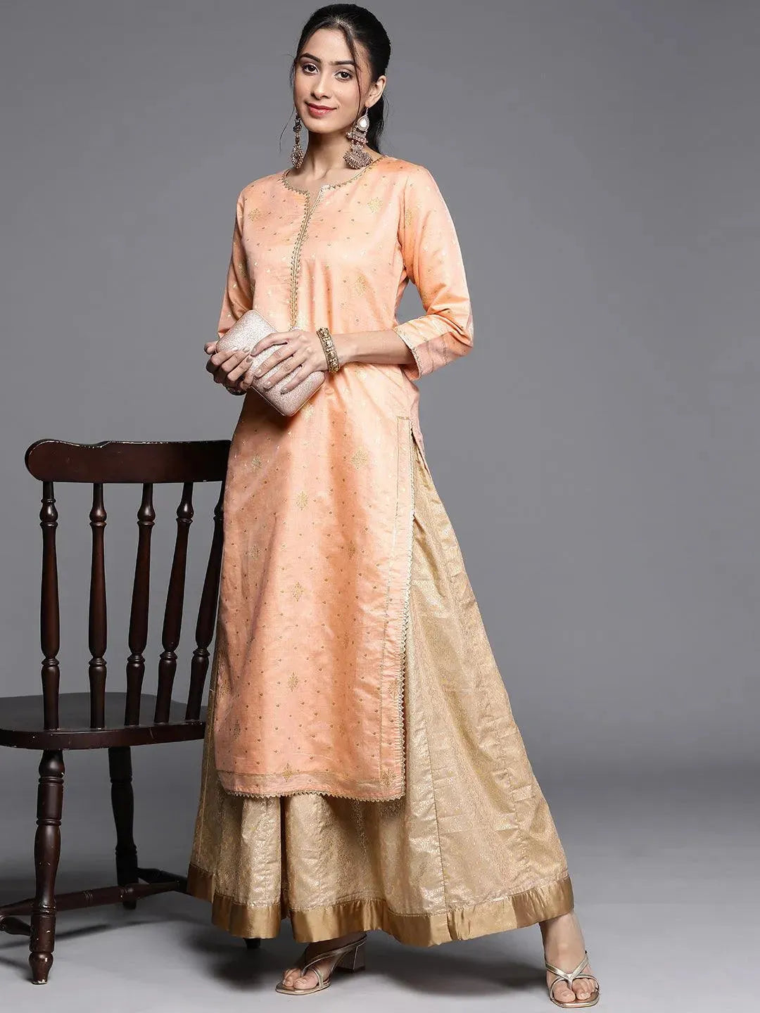 Peach Woven Design Chanderi Silk Kurta - Libas