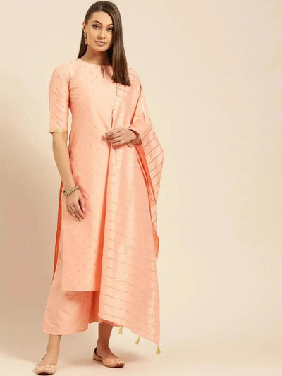 Peach Woven Design Chanderi Suit Set - Libas