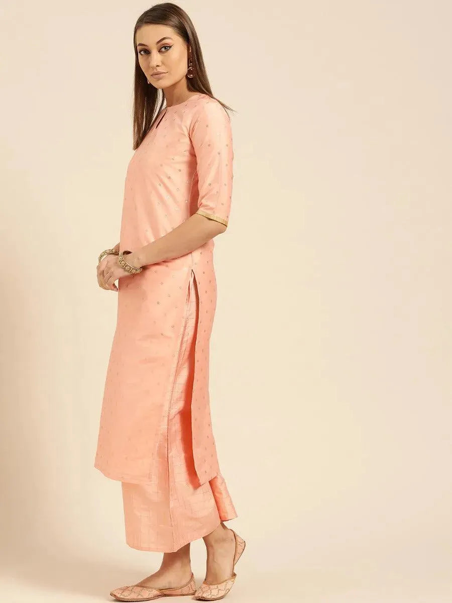 Peach Woven Design Chanderi Suit Set - Libas