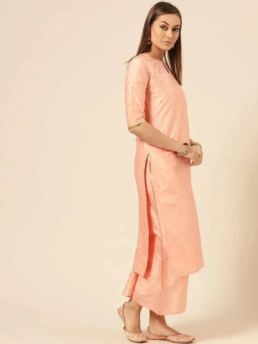 Peach Woven Design Chanderi Suit Set - Libas