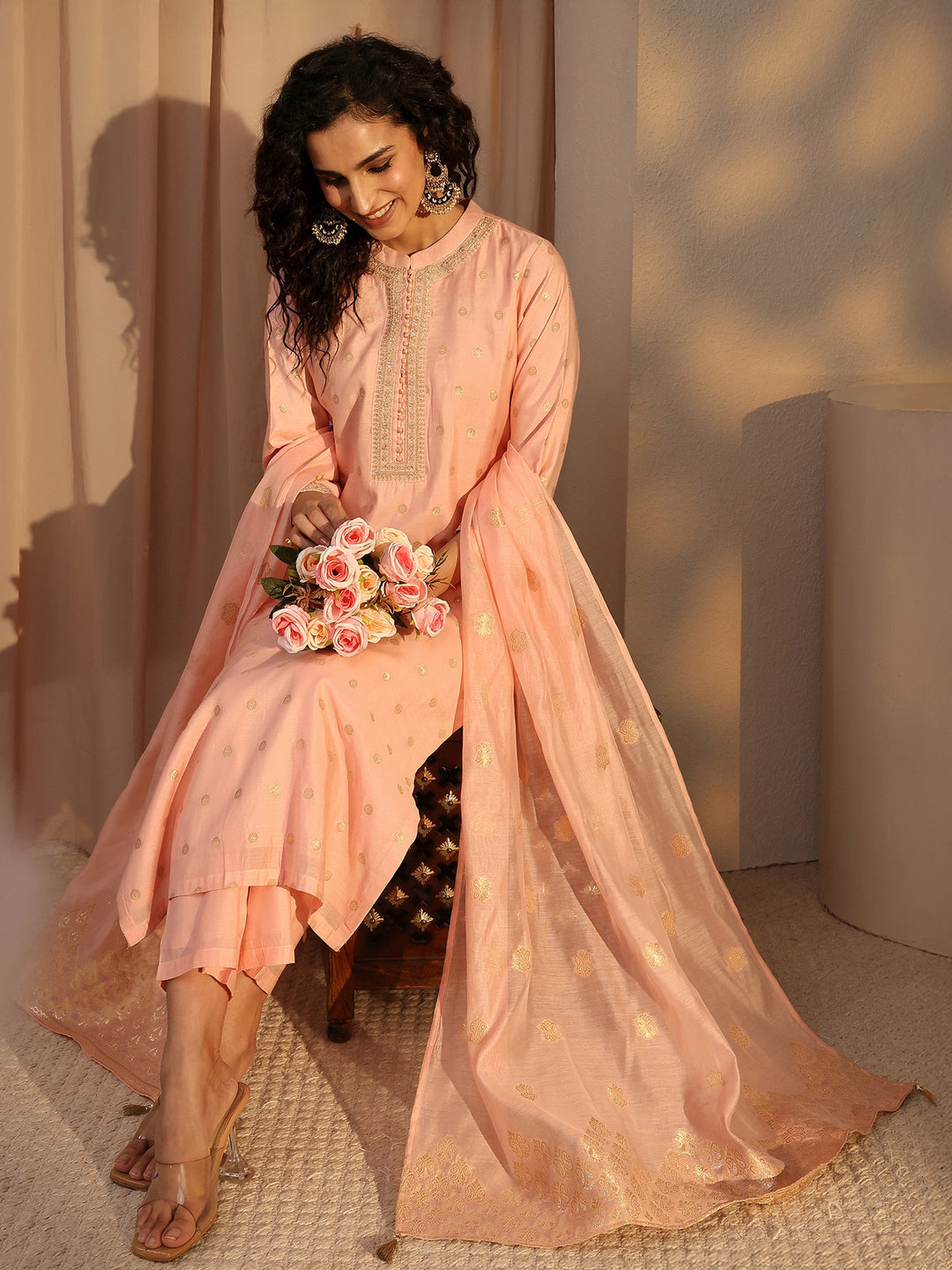  Peach Woven Design Chanderi Silk Straight Suit Set With Dupatta 