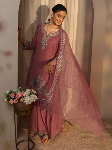 Peach Woven Design Chiffon Straight Suits Set With Dupatta