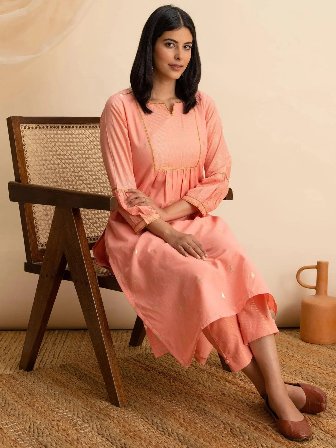 Peach Woven Design Cotton Kurta - Libas