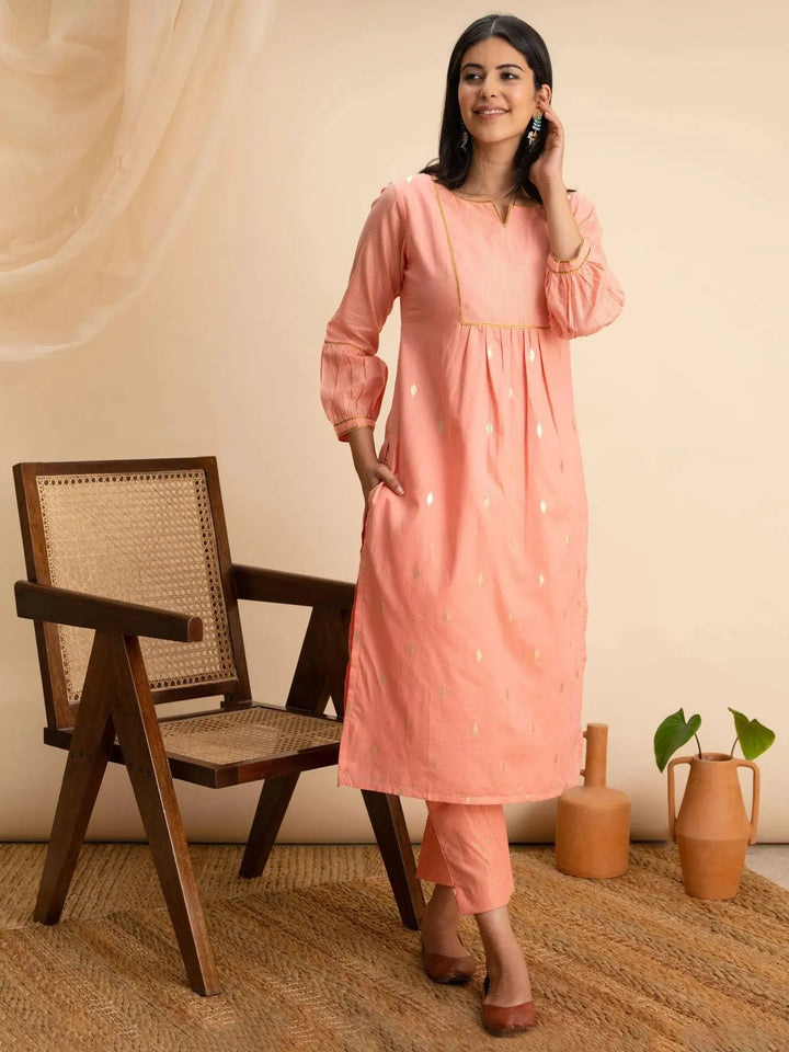Peach Woven Design Cotton Kurta - Libas