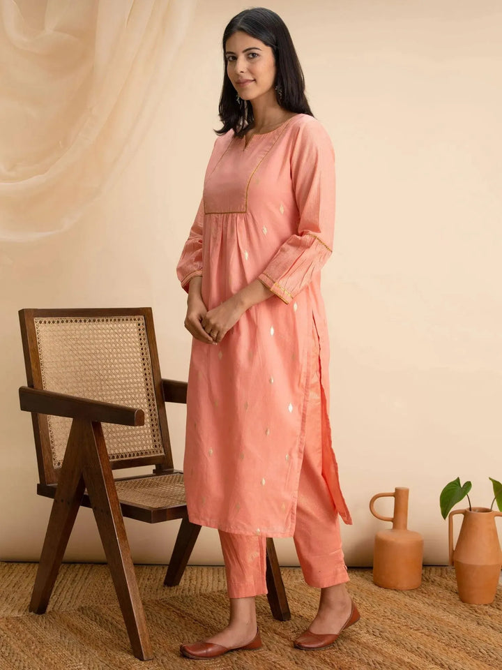 Peach Woven Design Cotton Kurta - Libas