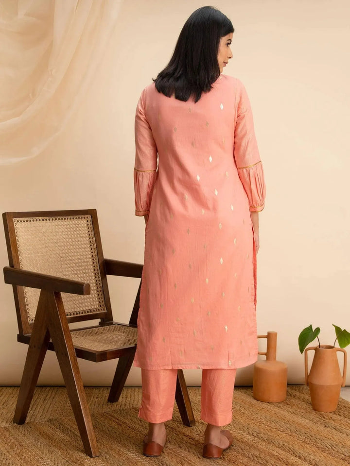Peach Woven Design Cotton Kurta - Libas