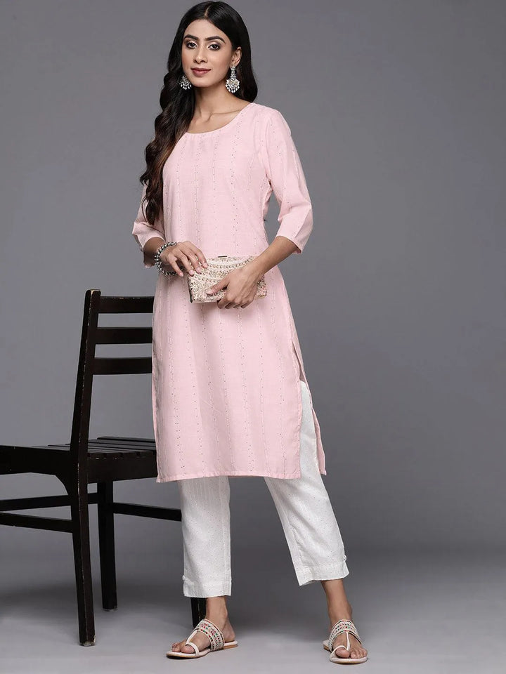 Peach Woven Design Cotton Straight Kurta - Libas