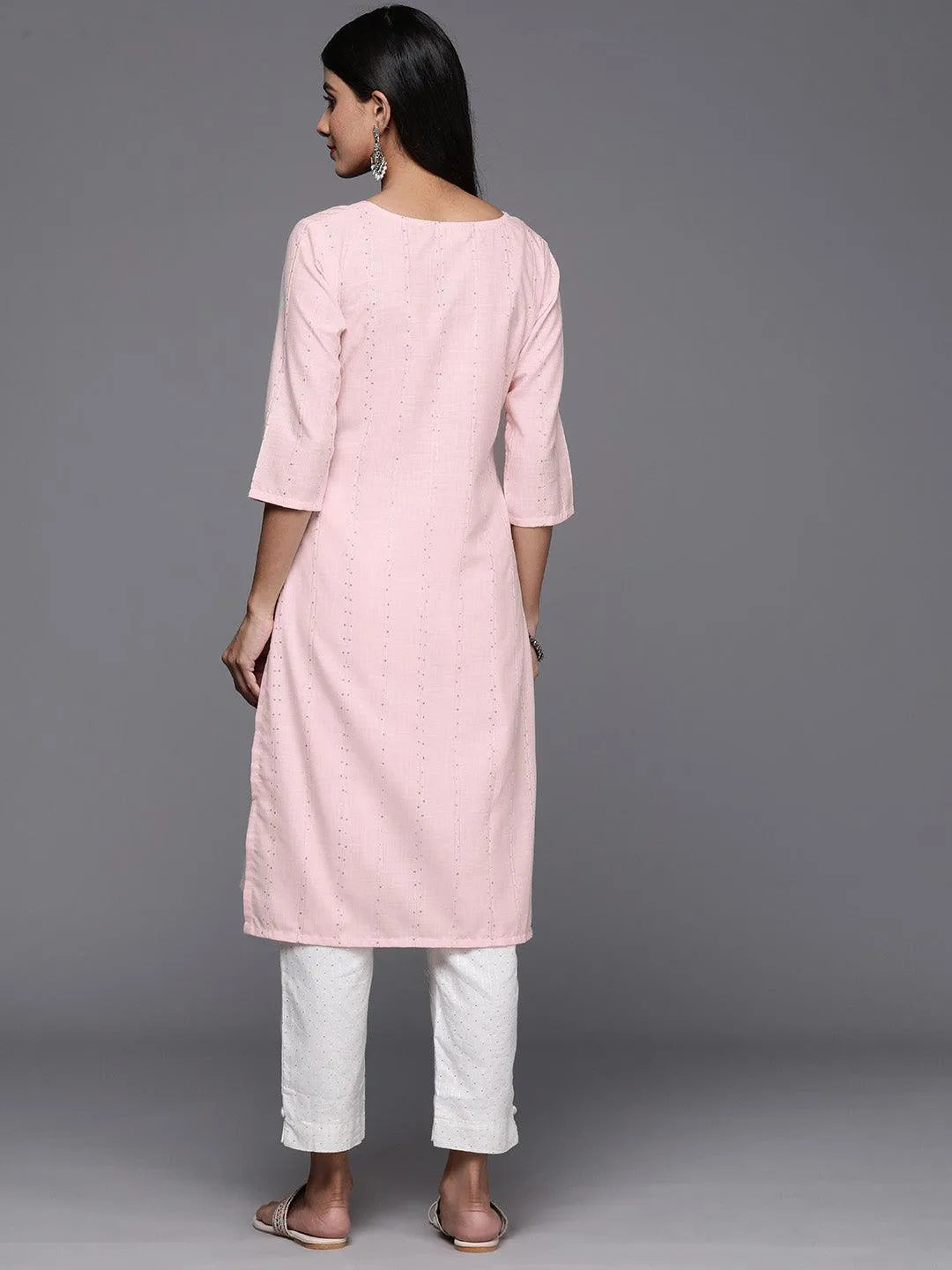 Peach Woven Design Cotton Straight Kurta - Libas