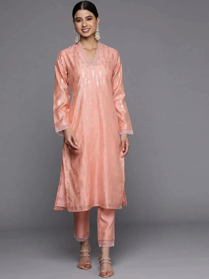 Peach Woven Design Jacquard Straight Kurta - Libas