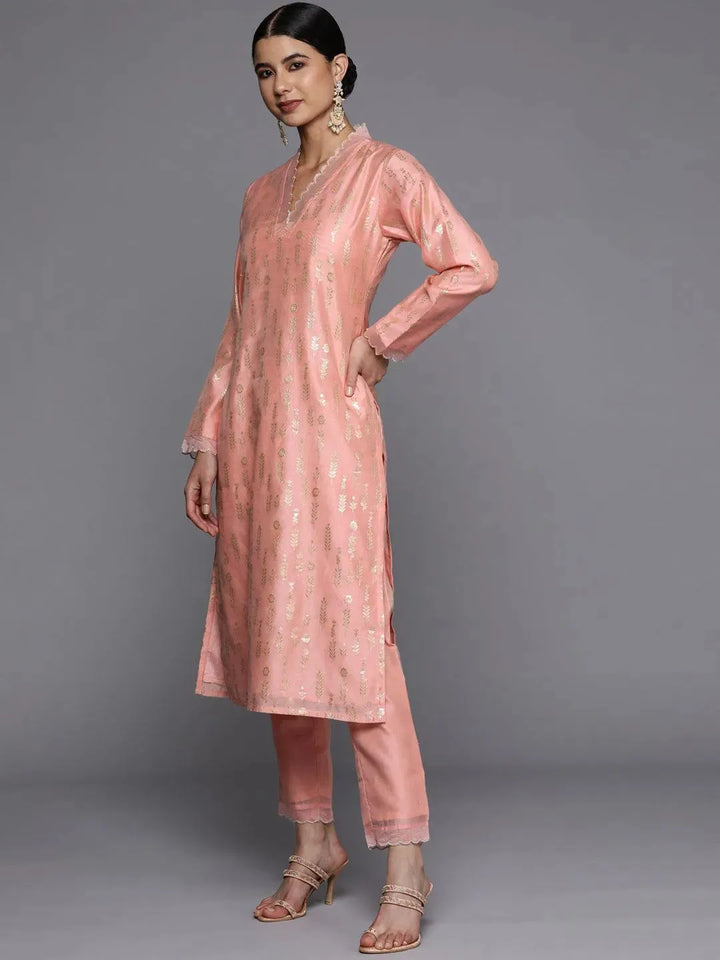 Peach Woven Design Jacquard Straight Kurta - Libas