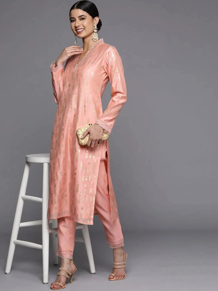 Peach Woven Design Jacquard Straight Kurta - Libas