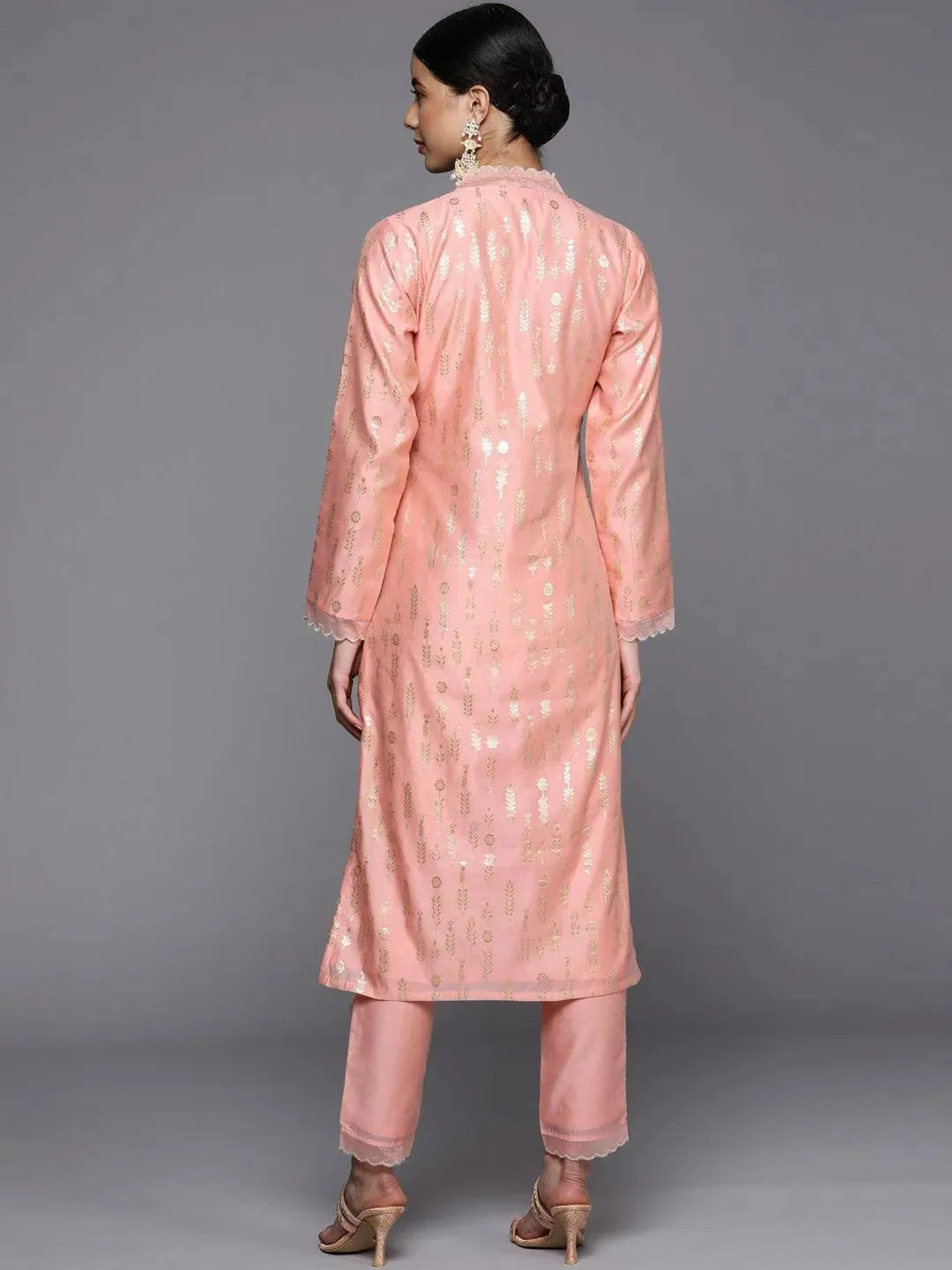 Peach Woven Design Jacquard Straight Kurta - Libas