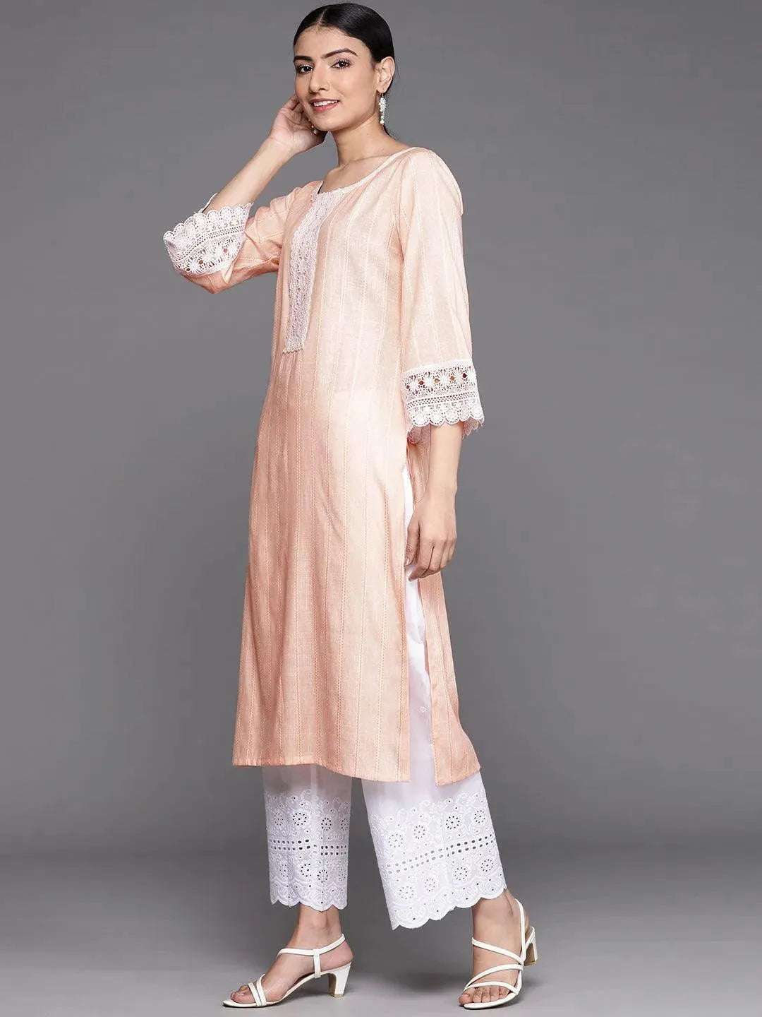 Peach Woven Design Rayon Kurta - Libas 