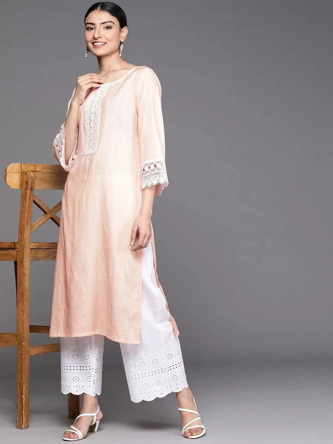 Peach Woven Design Rayon Kurta - Libas