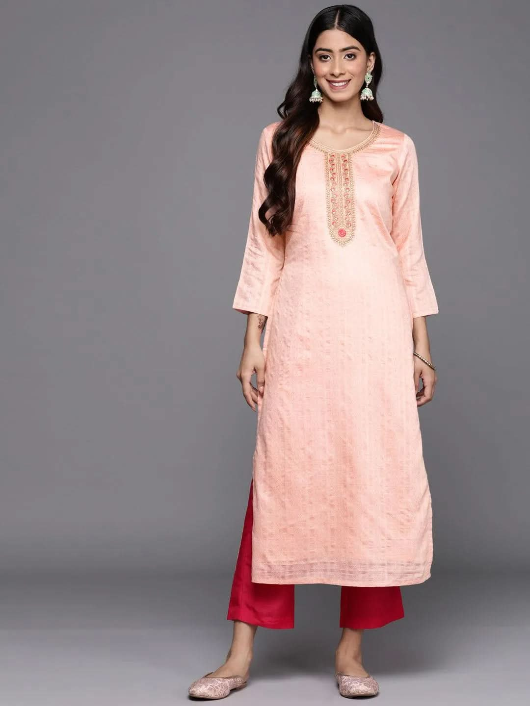 Peach Woven Design Rayon Straight Kurta - Libas