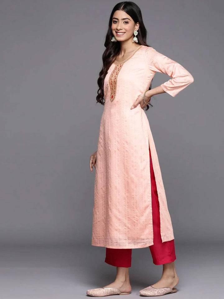 Peach Woven Design Rayon Straight Kurta - Libas