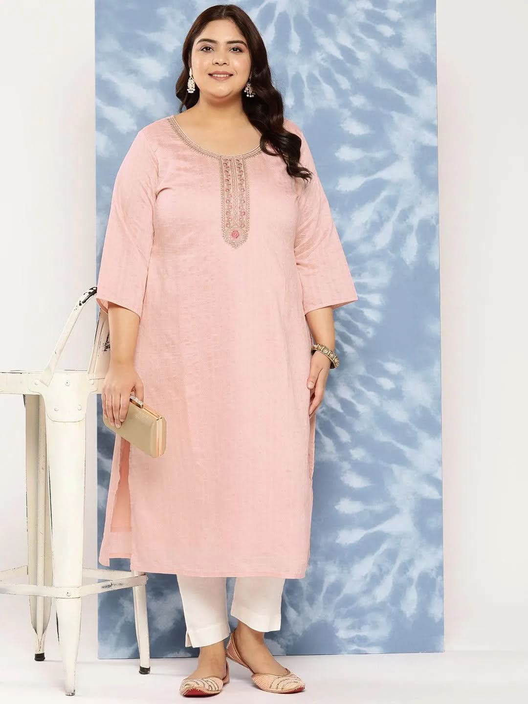 Peach Woven Design Rayon Straight Kurta - Libas 